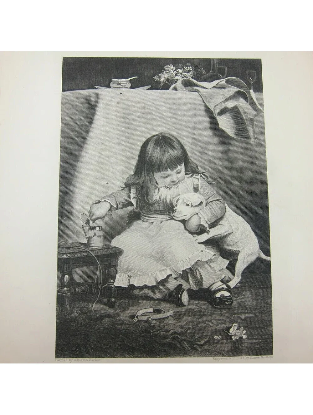 Antique 1800s Victorian Engraving Print Little Girl & Dog Unwilling Participant